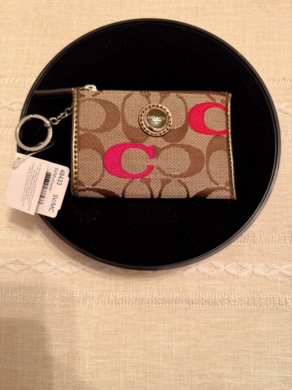 COACH Brown Signature Canvas Card Case, Keychain with Pink 'C' Accents